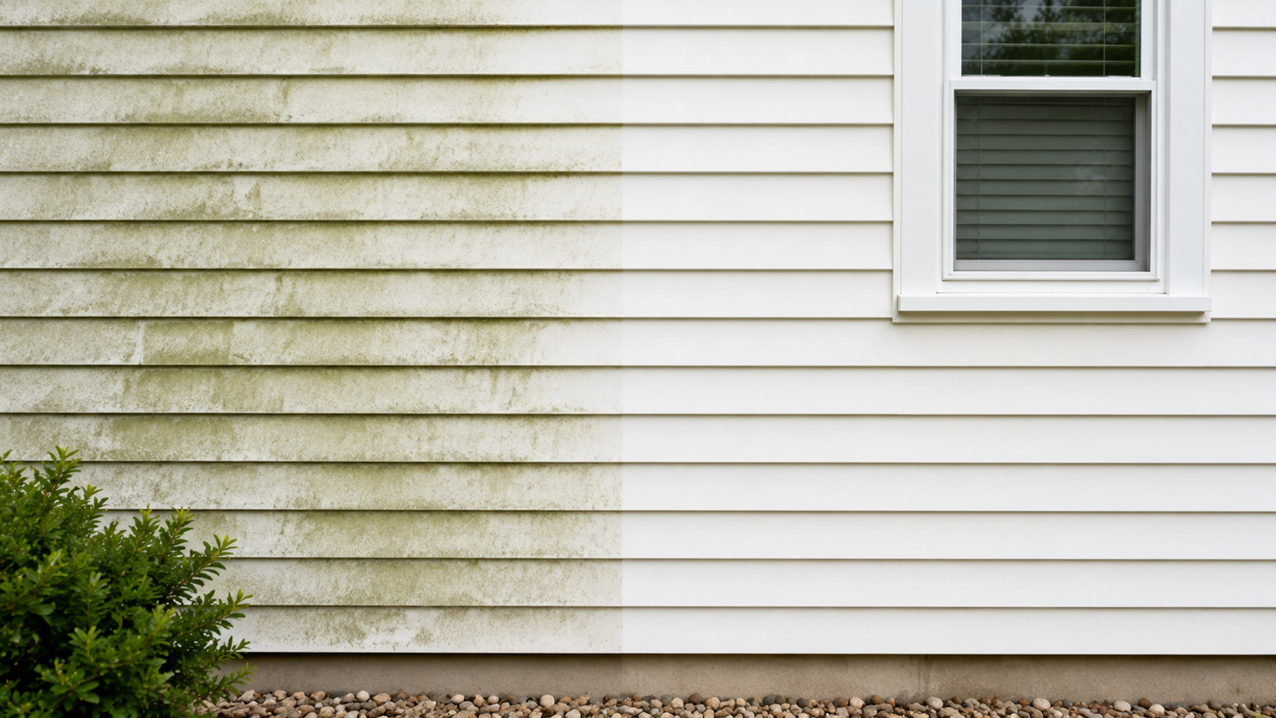 White vinyl siding showing a clear contrast between algae-stained, faded-looking panels and clean bright siding beside a window.