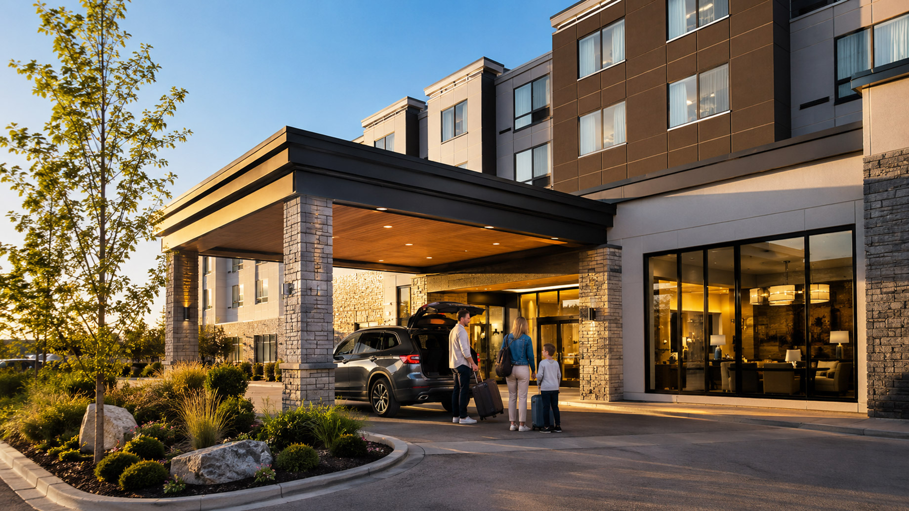 A family unloads luggage from an SUV outside a modern hotel entrance at sunset during a summer road trip stop.