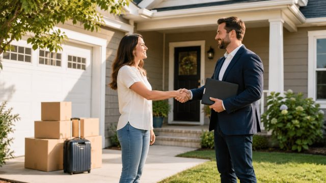 Homeowner shaking hands with a cash home buyer outside a house with moving boxes and luggage nearby.