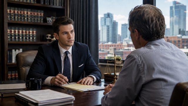 Federal criminal defense attorney meets with a client across a desk in a law office with legal files, law books, and scales of justice.