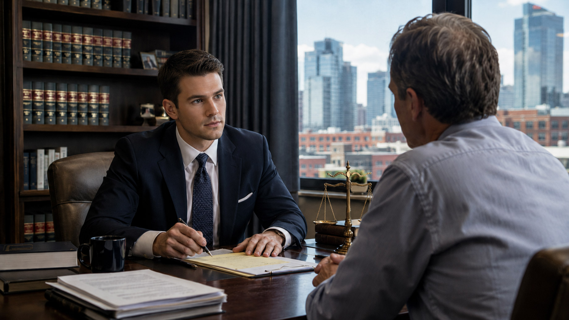 Federal criminal defense attorney meets with a client across a desk in a law office with legal files, law books, and scales of justice.