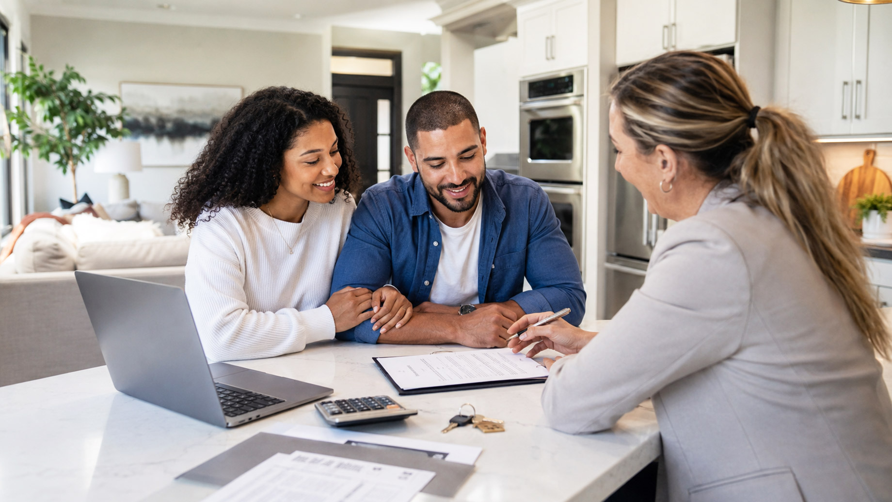 First-time home buyers meeting with a mortgage advisor in a modern kitchen while reviewing loan paperwork, with keys, laptop, and calculator on the counter.