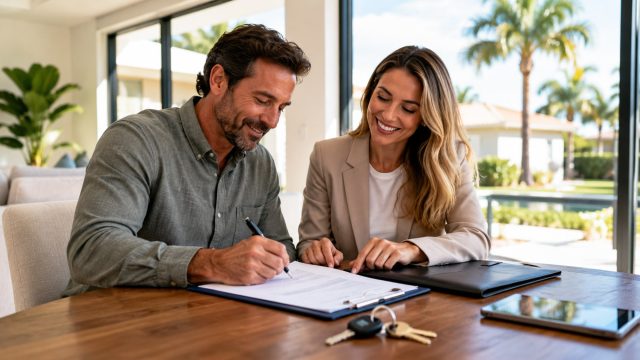 Florida homeowner signing cash home sale paperwork with a real estate professional, house keys on the table, and palm trees outside.