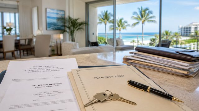 Probate paperwork, property deed, keys, pen, and legal folders on a countertop inside a bright Boca Raton condo with palm trees and ocean views.