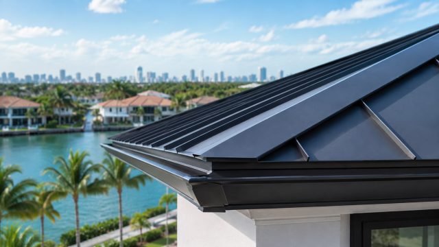 Close-up of a black standing seam metal roof with flush panels, clean gutter lines, palm trees, turquoise water, low waterfront homes, and the Miami skyline beyond.