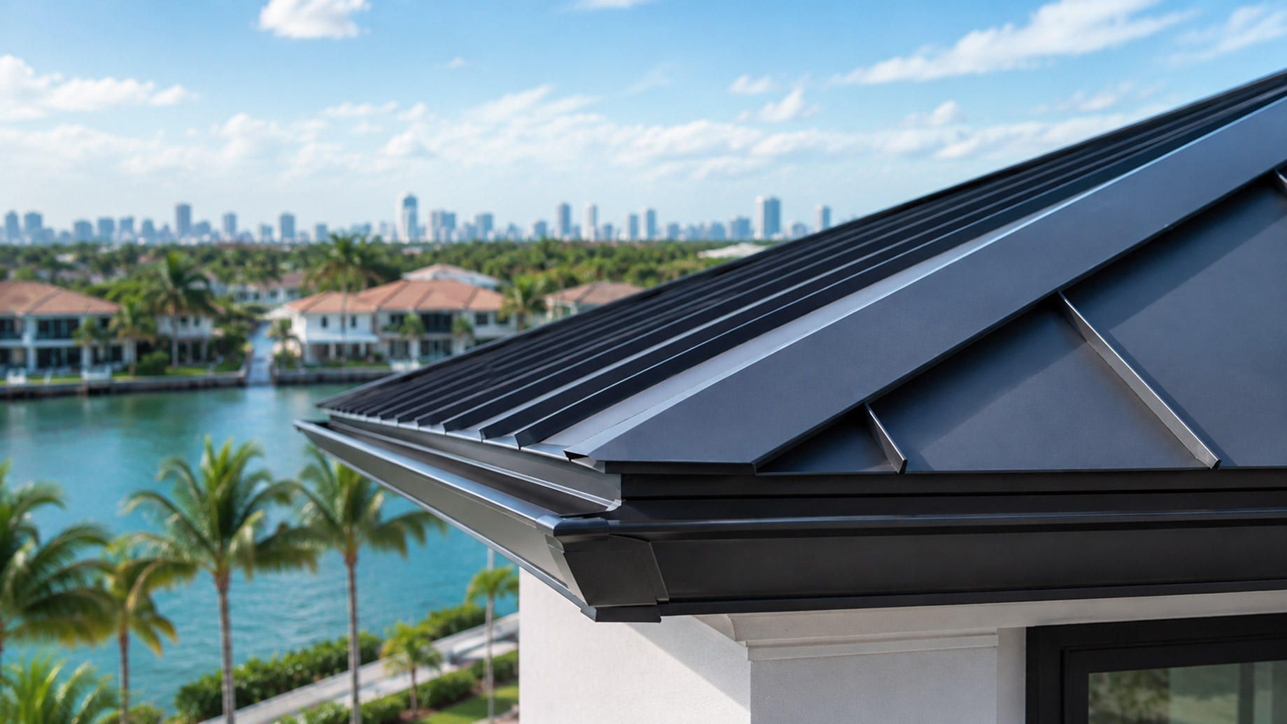 Close-up of a black standing seam metal roof with flush panels, clean gutter lines, palm trees, turquoise water, low waterfront homes, and the Miami skyline beyond.