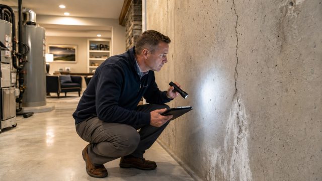 Foundation specialist inspecting a vertical crack and efflorescence on a concrete basement wall with a flashlight and tablet.