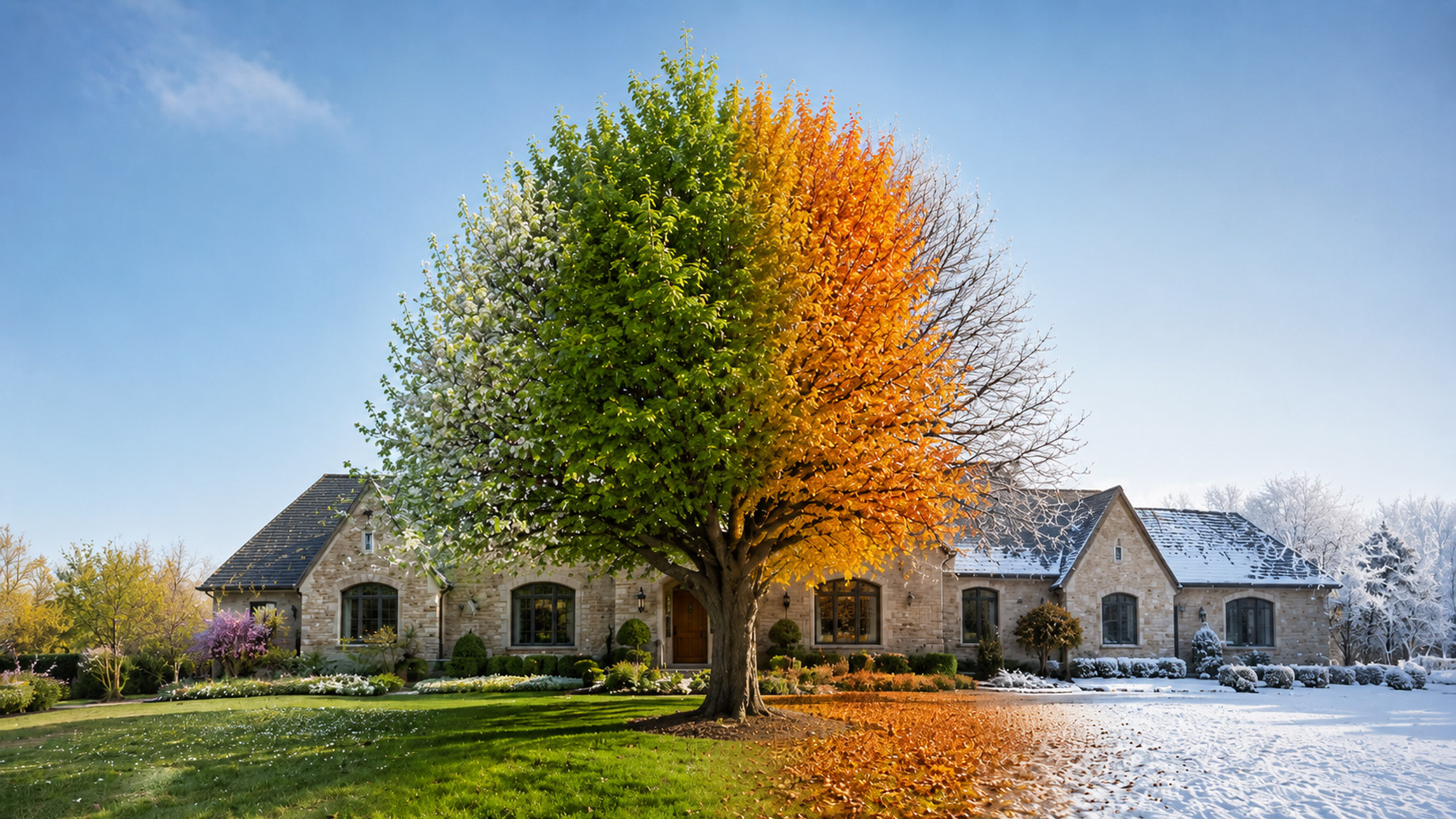 Illustration of a single mature tree in front of a stone home transitioning from spring blossoms and summer foliage to autumn leaves and winter branches.