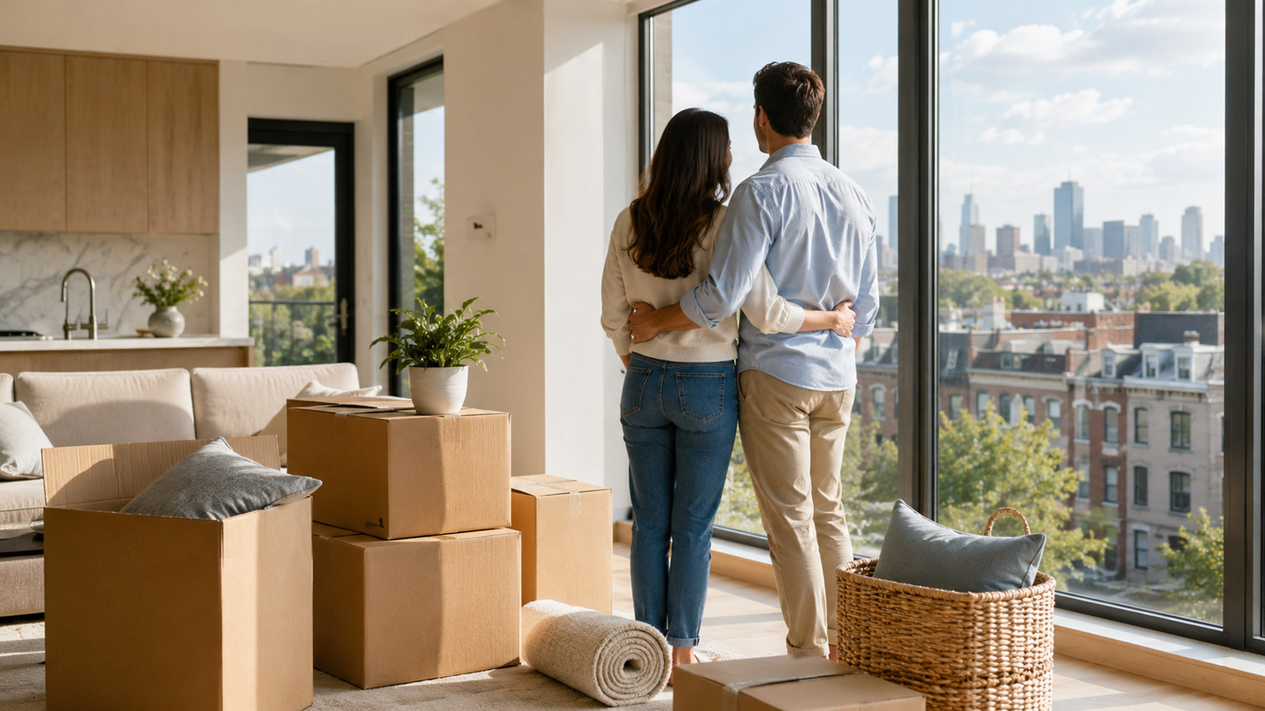 Couple standing in a bright modern apartment with moving boxes, looking out large windows toward a city skyline.