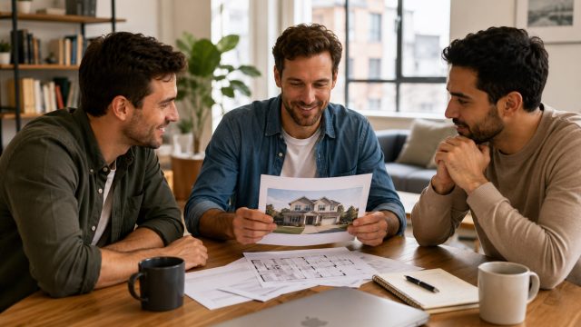 Three men reviewing property documents and a home listing photo together at a table in a modern living room.
