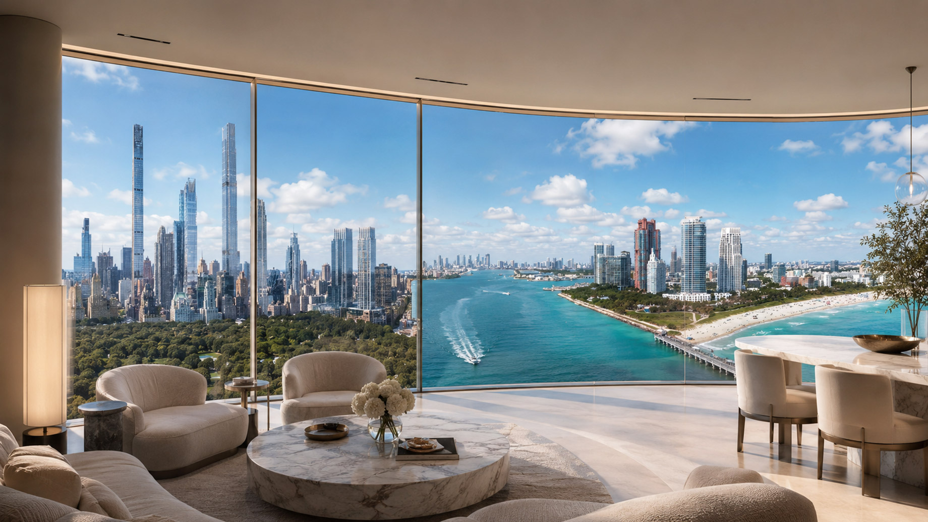 Luxury penthouse interior with floor-to-ceiling windows blending Manhattan’s Billionaires’ Row skyline on the left with Biscayne Bay and Miami’s waterfront on the right.