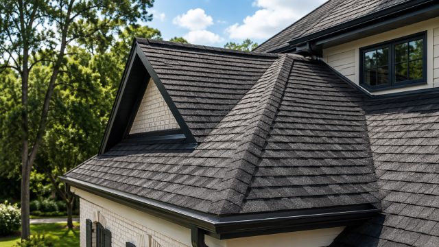 A Georgia home roof with dark architectural shingles, clean gutters, dormer details, and mature green trees around the property.