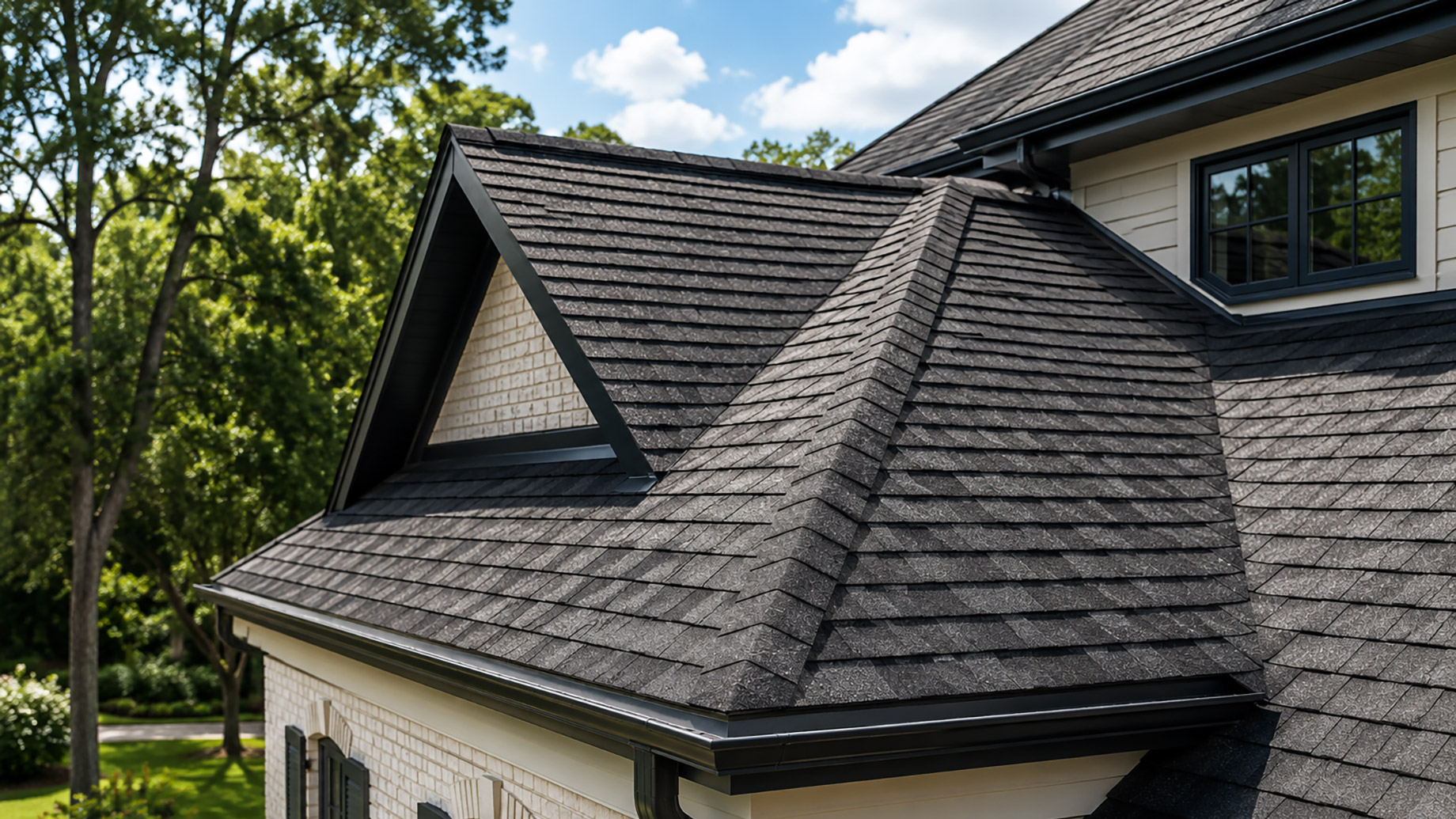 A Georgia home roof with dark architectural shingles, clean gutters, dormer details, and mature green trees around the property.