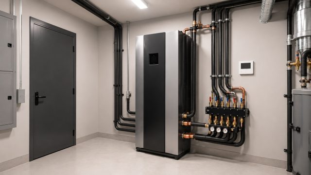 Modern geothermal HVAC system installed in a dedicated mechanical room with insulated piping, manifold connections, and wall-mounted controls.