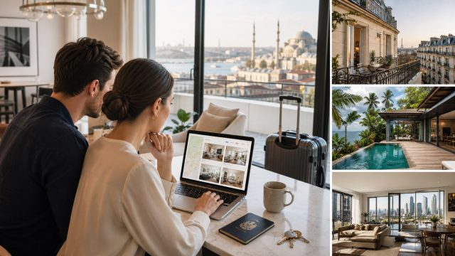 Couple browsing long-term rental listings on a laptop in a modern apartment with luggage, keys, and international property options displayed nearby.