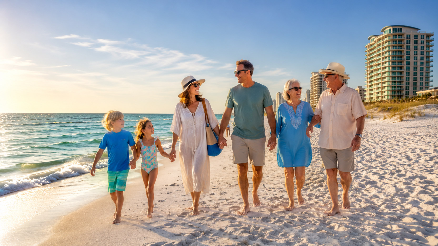 Multi-generational family walking along a Gulf Coast beach with emerald water, white sand, and beachfront condos in the background.