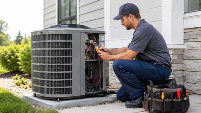 HVAC technician kneeling beside an outdoor residential air conditioning unit, using a diagnostic tool while servicing the open condenser panel.