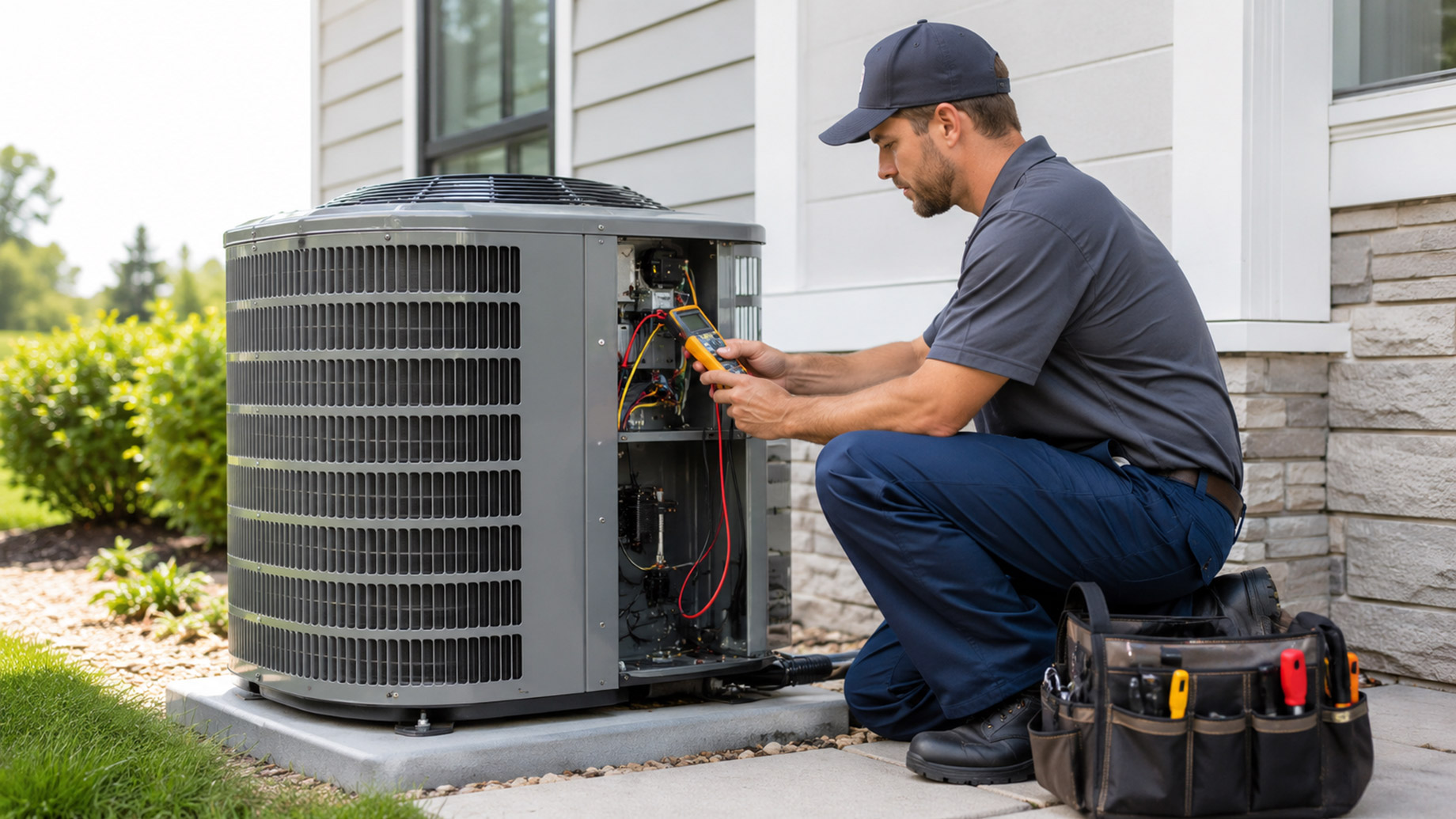 HVAC technician kneeling beside an outdoor residential air conditioning unit, using a diagnostic tool while servicing the open condenser panel.