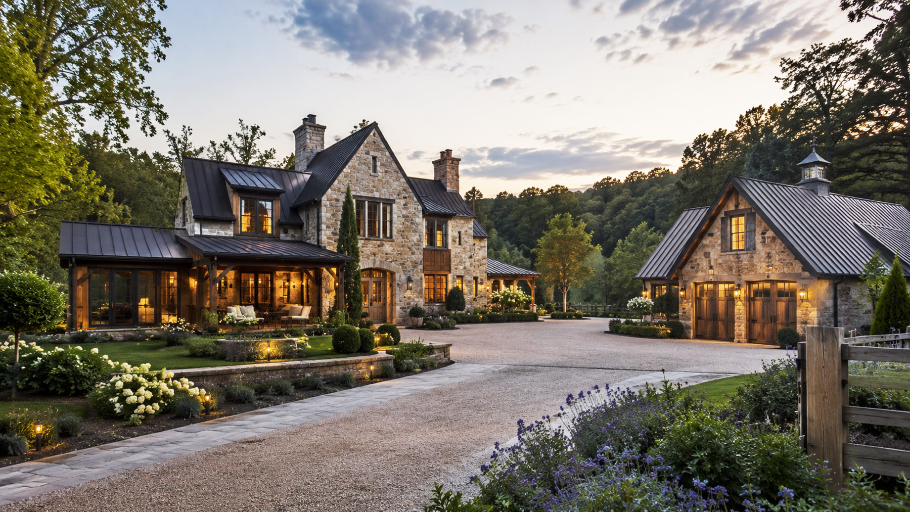 Luxury countryside estate with a main stone residence, matching detached auxiliary building, landscaped gardens, gravel courtyard, and warm exterior lighting at dusk.