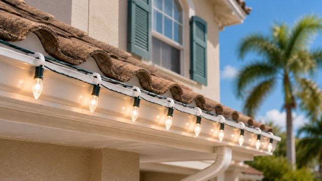 Warm white holiday lights clipped along the gutter of a Florida-style home with clay roof tiles, stucco walls, shutters, and palm trees in the background.