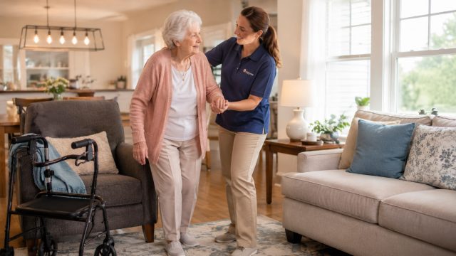 Professional caregiver helping an elderly woman stand and walk safely in a bright, comfortable living room.