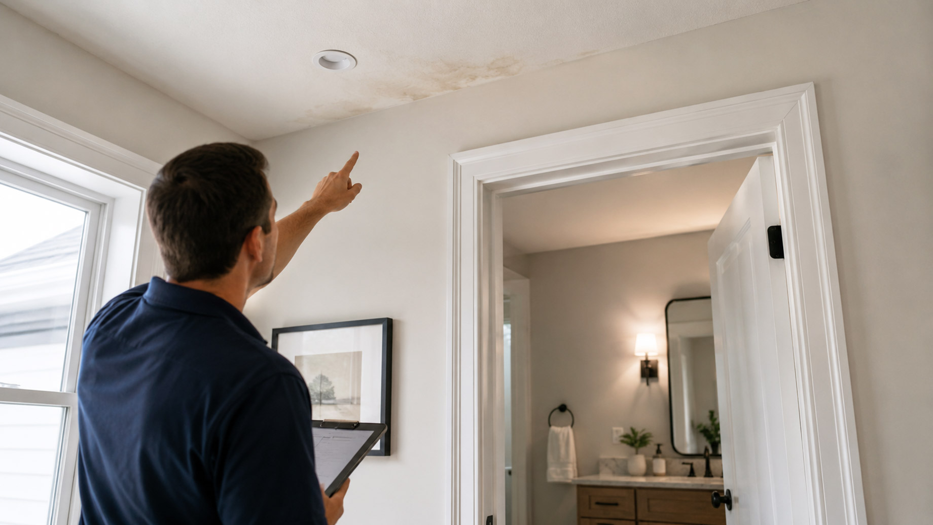 Home inspector pointing at a small water stain on the ceiling near a bathroom while holding a tablet in a clean modern home.