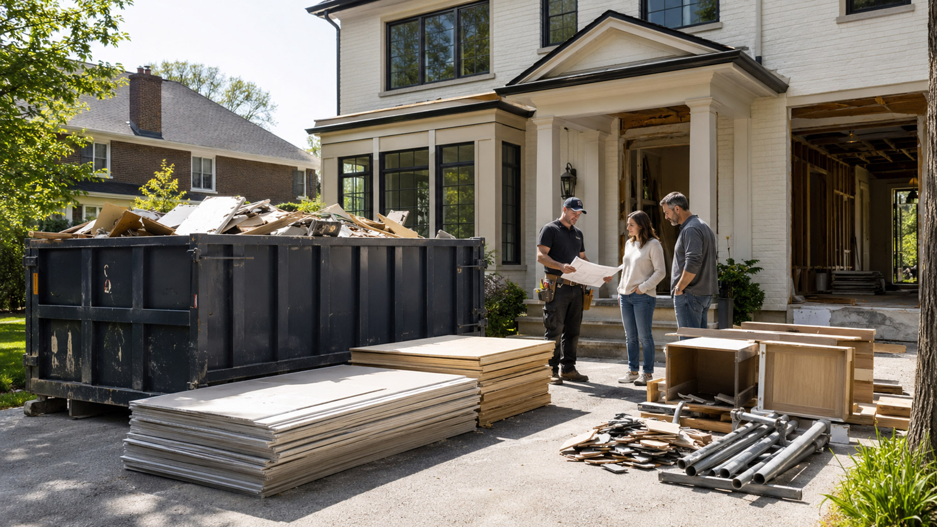 Homeowners and a contractor reviewing renovation plans beside a large dumpster and sorted construction materials outside a house under renovation.