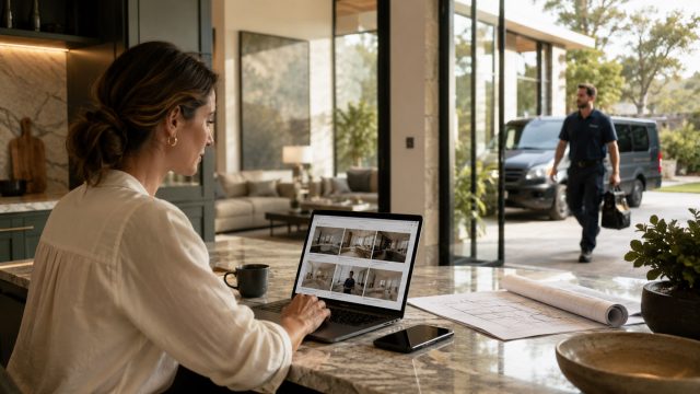 A homeowner reviews contractor options on a laptop inside a modern luxury home while a service professional arrives outside.