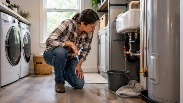 Homeowner kneeling in a laundry room to inspect a leaking pipe near a water heater, with a bucket, towels, and water on the floor.