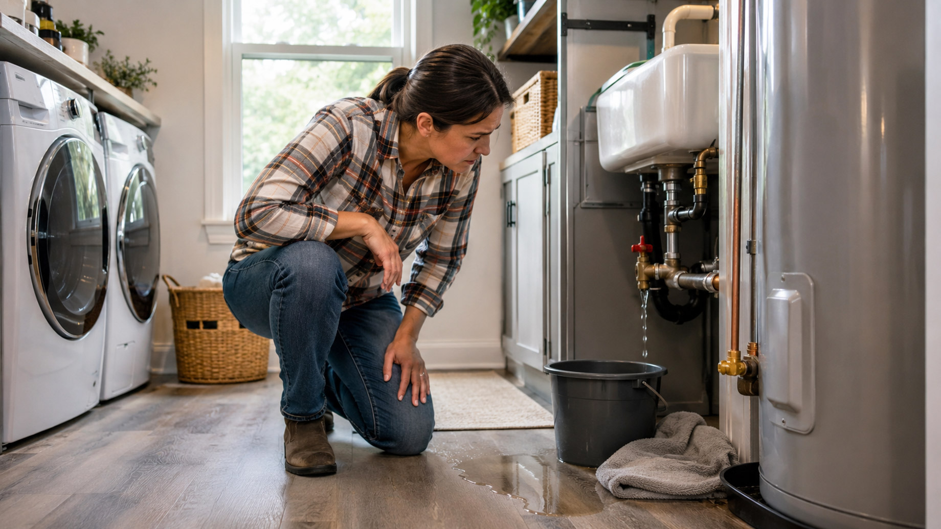 Homeowner kneeling in a laundry room to inspect a leaking pipe near a water heater, with a bucket, towels, and water on the floor.