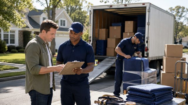 Homeowner reviews paperwork with a professional mover beside an open moving truck while another mover wraps furniture in protective blankets.