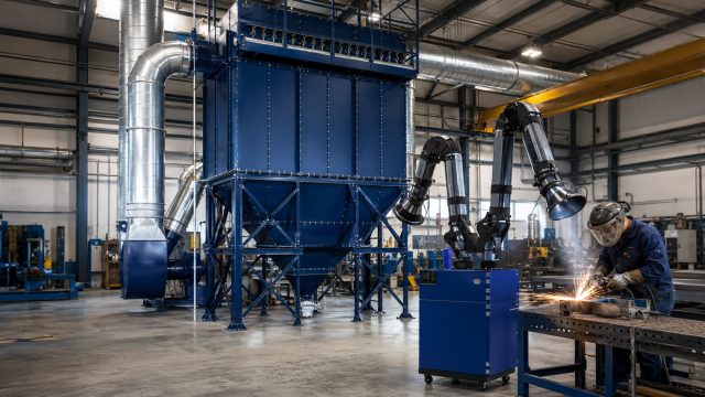 Large blue industrial dust collector with overhead ductwork and a portable extraction unit capturing sparks at a metalworking station.