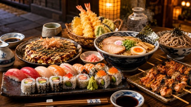 Traditional Japanese meal with sushi, ramen, tempura, soba, okonomiyaki, yakitori, dipping sauces, and tea on a wooden table.