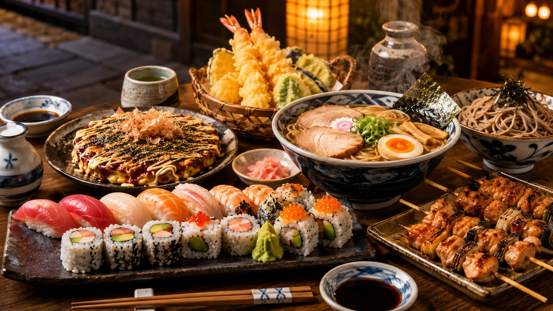 Traditional Japanese meal with sushi, ramen, tempura, soba, okonomiyaki, yakitori, dipping sauces, and tea on a wooden table.