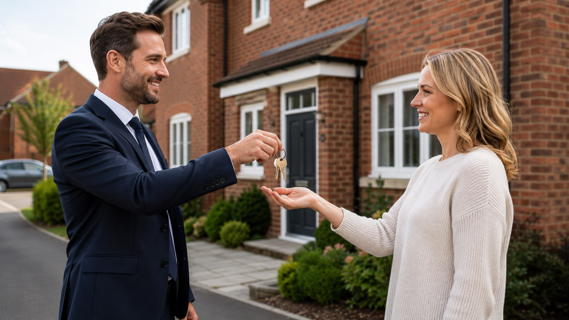 Professional man handing house keys to a woman outside a red-brick UK home after a successful property sale.