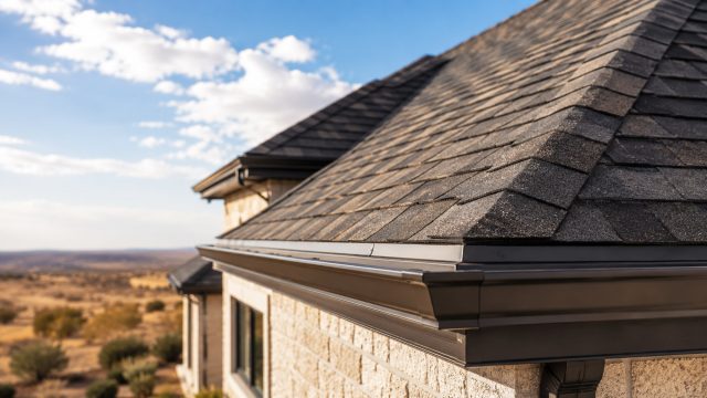 Close-up of a luxury Lubbock home roof with dark architectural shingles, metal gutters, and dry West Texas landscape in the background.