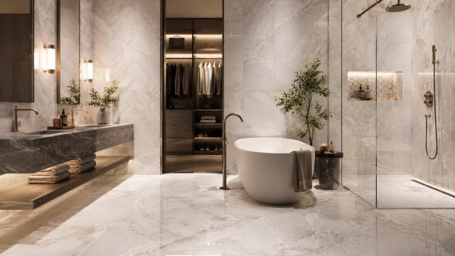 Luxury modern bathroom with marble-look floor and wall tiles, freestanding bathtub, glass shower, floating vanity, and warm ambient lighting.