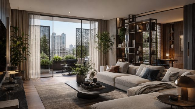Luxury apartment living room with sheer curtains, balcony privacy screens, indoor plants, warm lighting, and a city view.