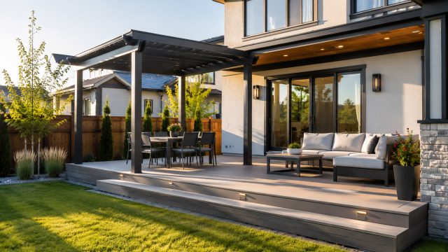 A modern Calgary backyard with a custom deck, covered pergola, outdoor dining area, lounge seating, step lighting, and clean landscaping.