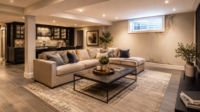 A finished basement lounge with upscale furnishings, a wet bar, and visible moisture staining near a small window and lower wall.