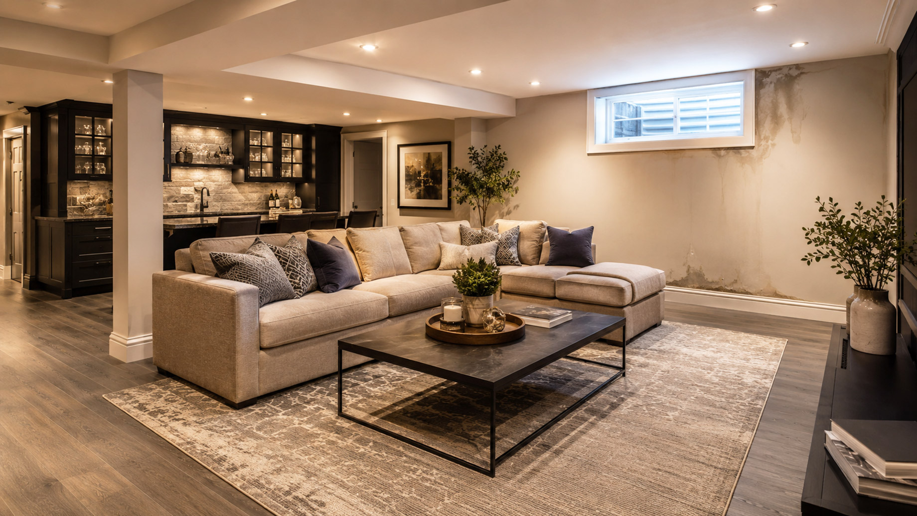 A finished basement lounge with upscale furnishings, a wet bar, and visible moisture staining near a small window and lower wall.
