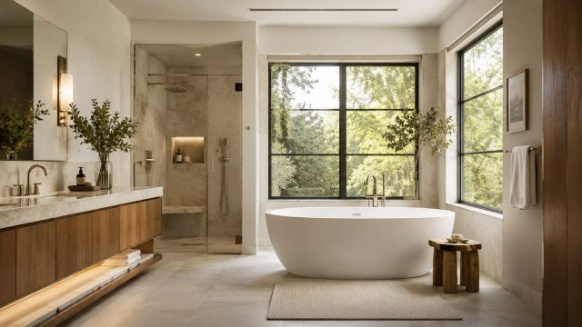 Serene luxury bathroom with freestanding bathtub, large windows, marble surfaces, walk-in shower, wood vanity, brass fixtures, and discreet ceiling ventilation.