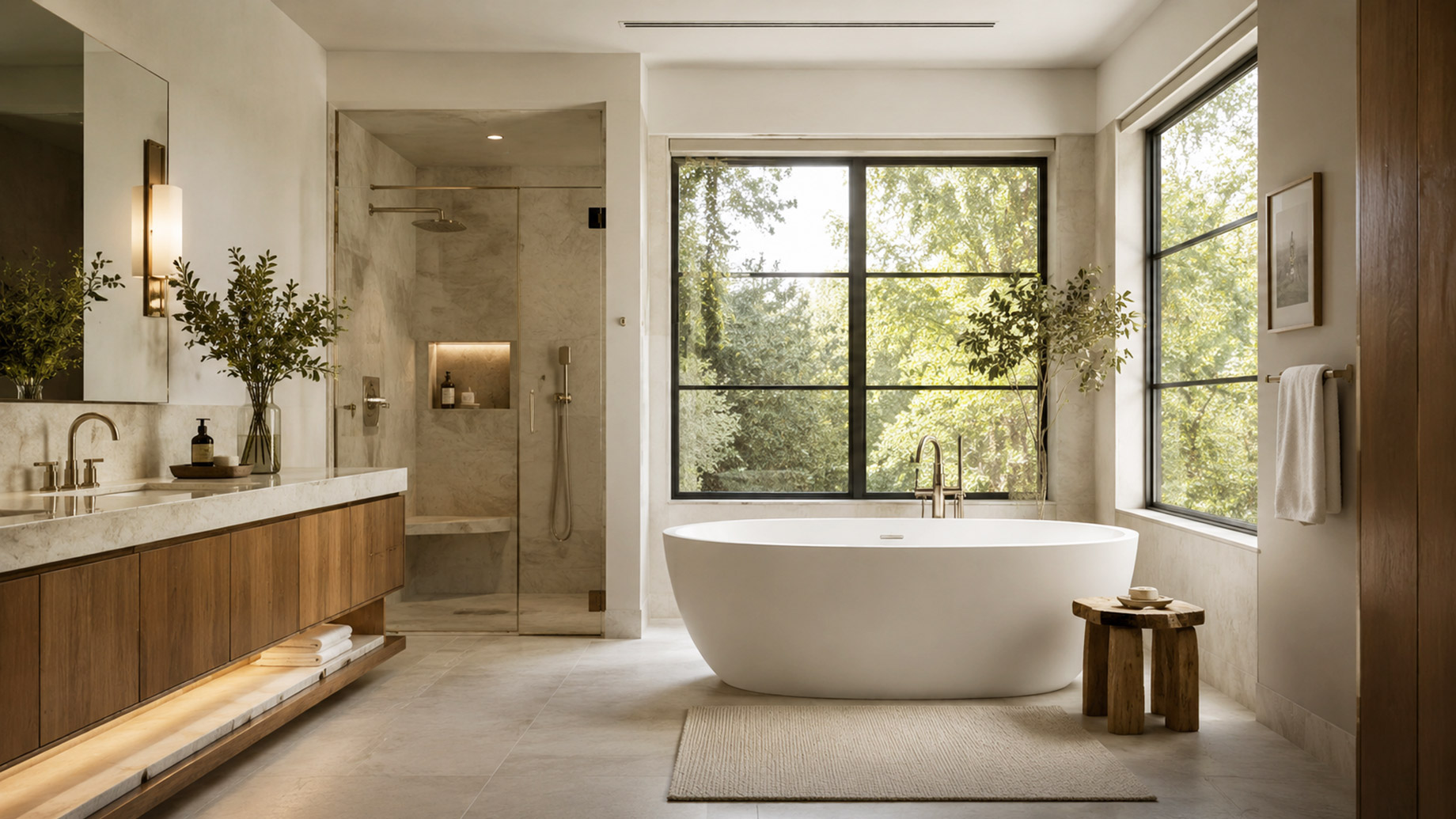 Serene luxury bathroom with freestanding bathtub, large windows, marble surfaces, walk-in shower, wood vanity, brass fixtures, and discreet ceiling ventilation.