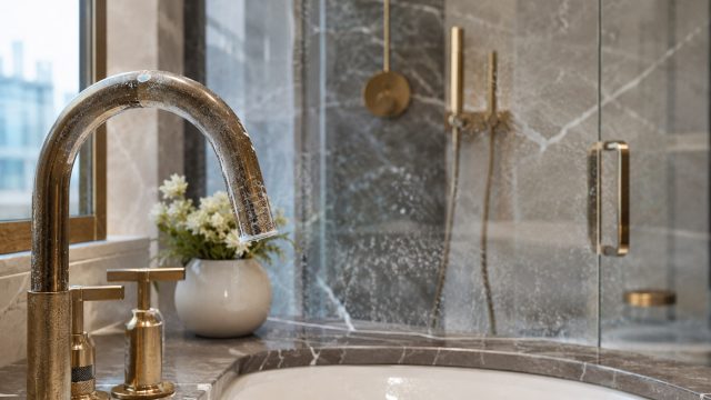 Luxury bathroom with brass faucet, marble surfaces, and visible hard water mineral buildup on glass and fixtures.