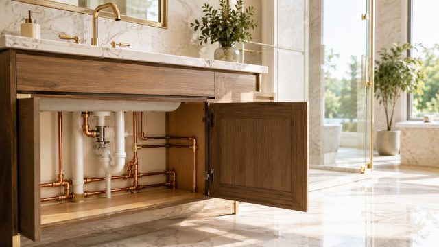 A luxury bathroom vanity with an open cabinet showing newly installed copper and modern plumbing beneath a marble countertop.