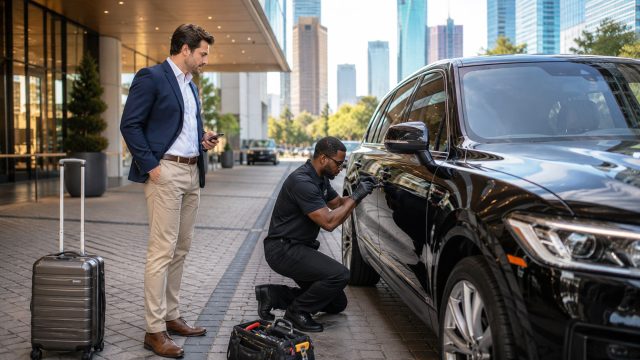 Professional locksmith unlocking a black luxury SUV while a traveler waits outside a modern hotel in downtown Houston.