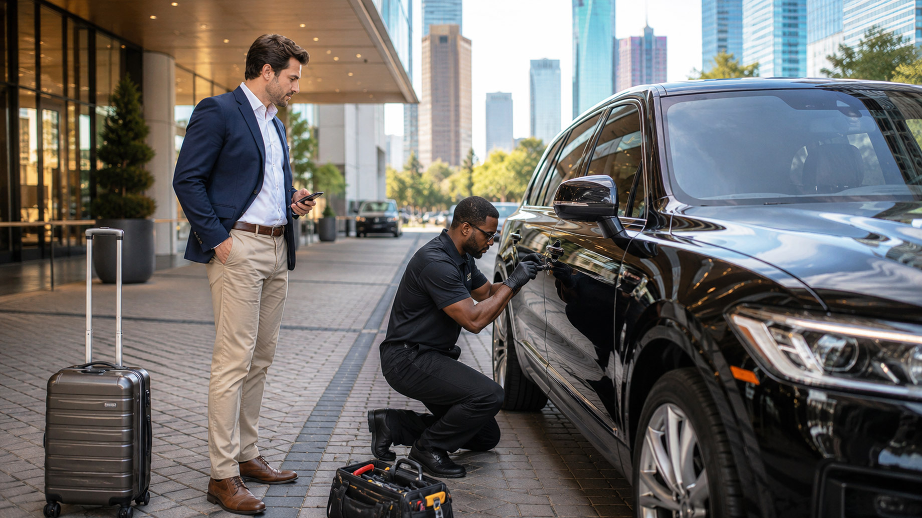Professional locksmith unlocking a black luxury SUV while a traveler waits outside a modern hotel in downtown Houston.