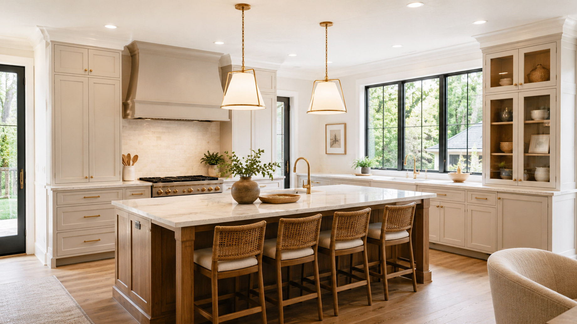 A bright remodeled kitchen with a large marble island, custom cabinetry, brass fixtures, pendant lighting, rattan stools, and wooded views.