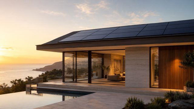 Minimalist luxury coastal home with rooftop solar panels, glass walls, infinity pool, and ocean views at sunset.