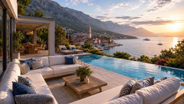 Luxury coastal villa with an infinity pool, outdoor lounge, sea views, mountains, and a Mediterranean town at sunset.